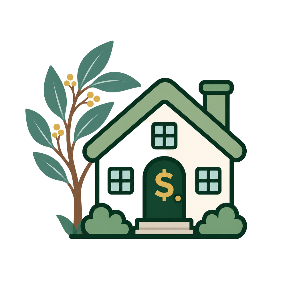 House with a dollar-sign door and eucalyptus tree